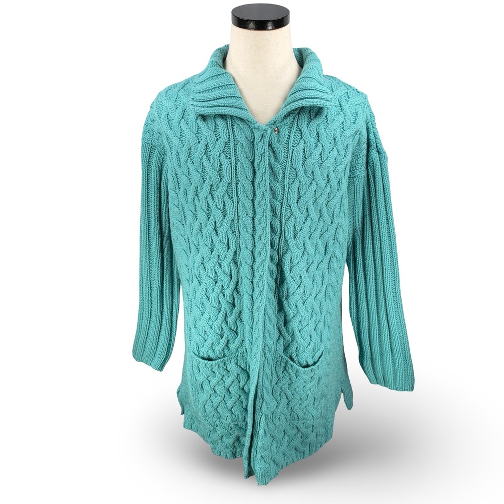 Aran Crafts Ireland Merino Wool Cable Knit Zip Cardigan Coat Aqua Blue XXL Women
